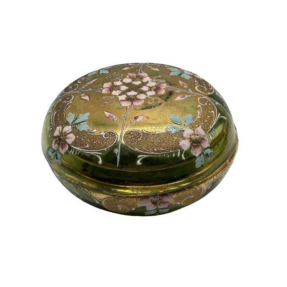 Vintage French Green Hand Painted Gold Rim Dresser Vanity Trinket Box Signed - Picture 1 of 10